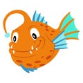 Angler fish flat style illustration. Happy smiling face. Cheerful mascot and character for children. Cute orange wildlife underwat Royalty Free Stock Photo